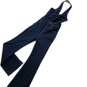 Halter Neck Denim Jumpsuit Front Tie Flare Leg Women's Size XS Dark Blue